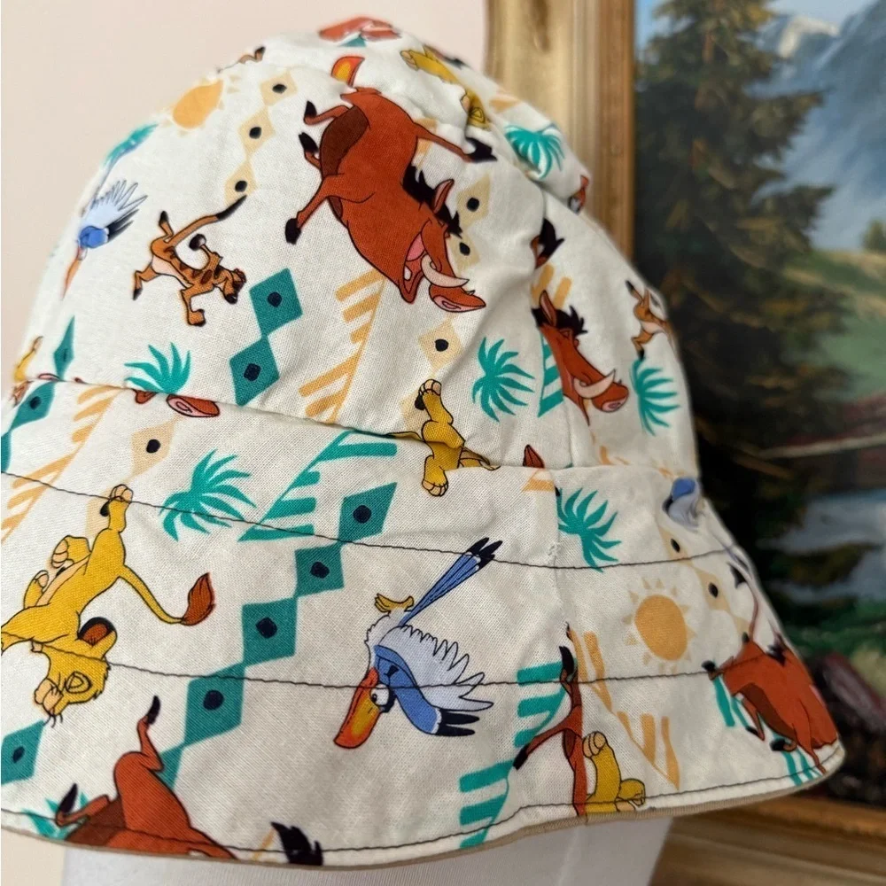 Vintage Handmade Cotton Beige Bucket Hat with Sock Monkey Print
